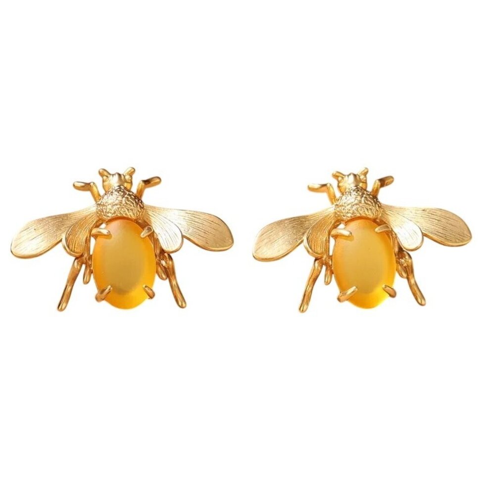 Bee Bug Earrings Pierced Yellow Cabochons Gold Tone Chandelier New